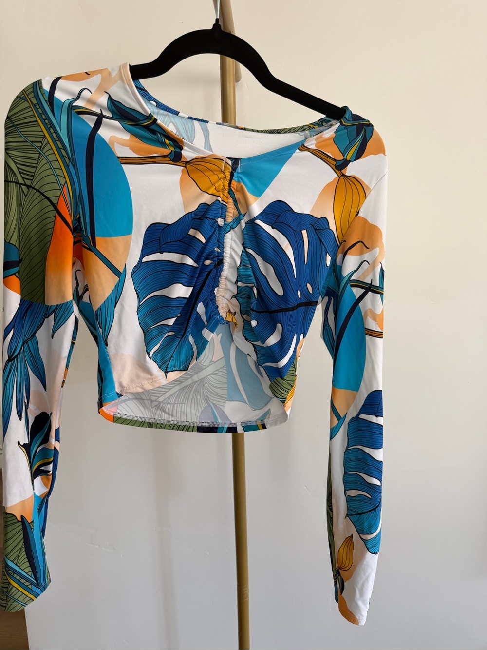 351. Calia Tropical Leaf Ruched Long-Sleeve Rash Guard - Blue/White/Orange/Green
